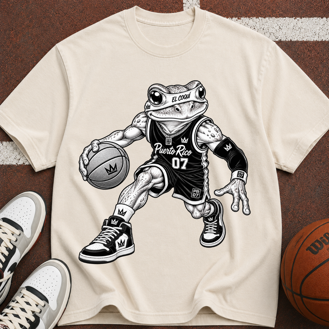Basketball El Coqui Graphic T-Shirt — Retro Streetwear Tee with “07” Jersey Design