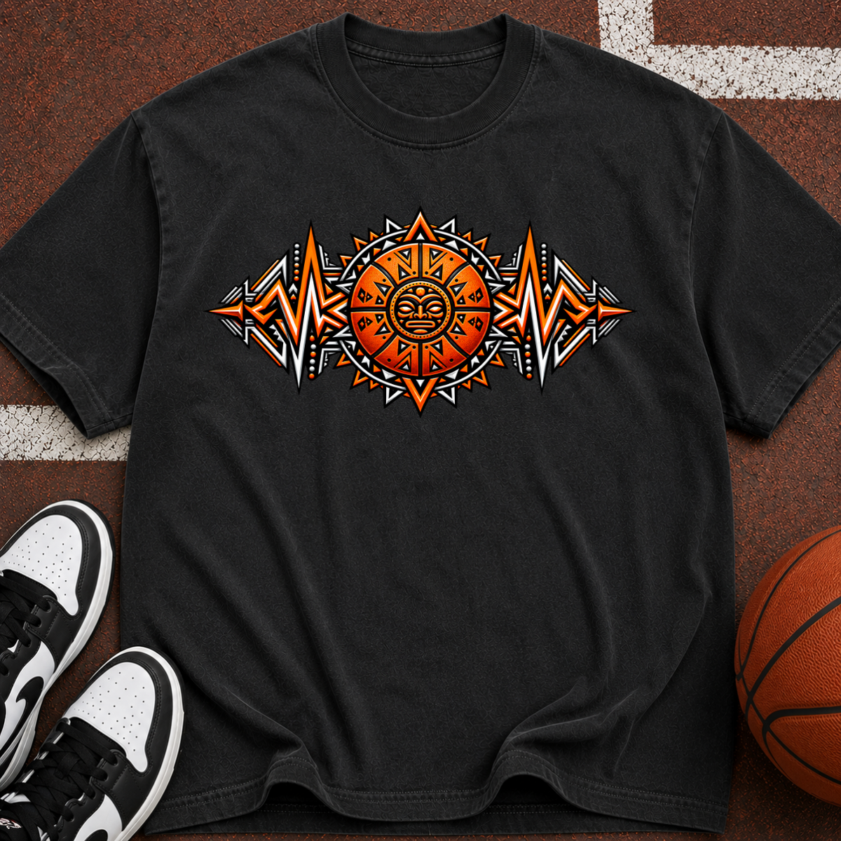 Sun Aztec Tribal T-Shirt — Vintage Orange Graphic Tee