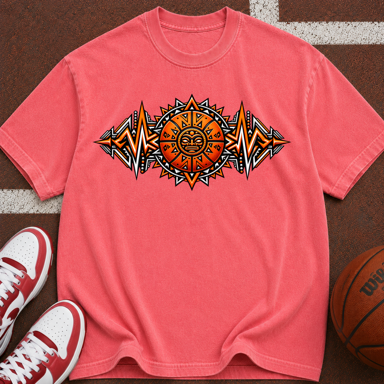 Sun Aztec Tribal T-Shirt — Vintage Orange Graphic Tee