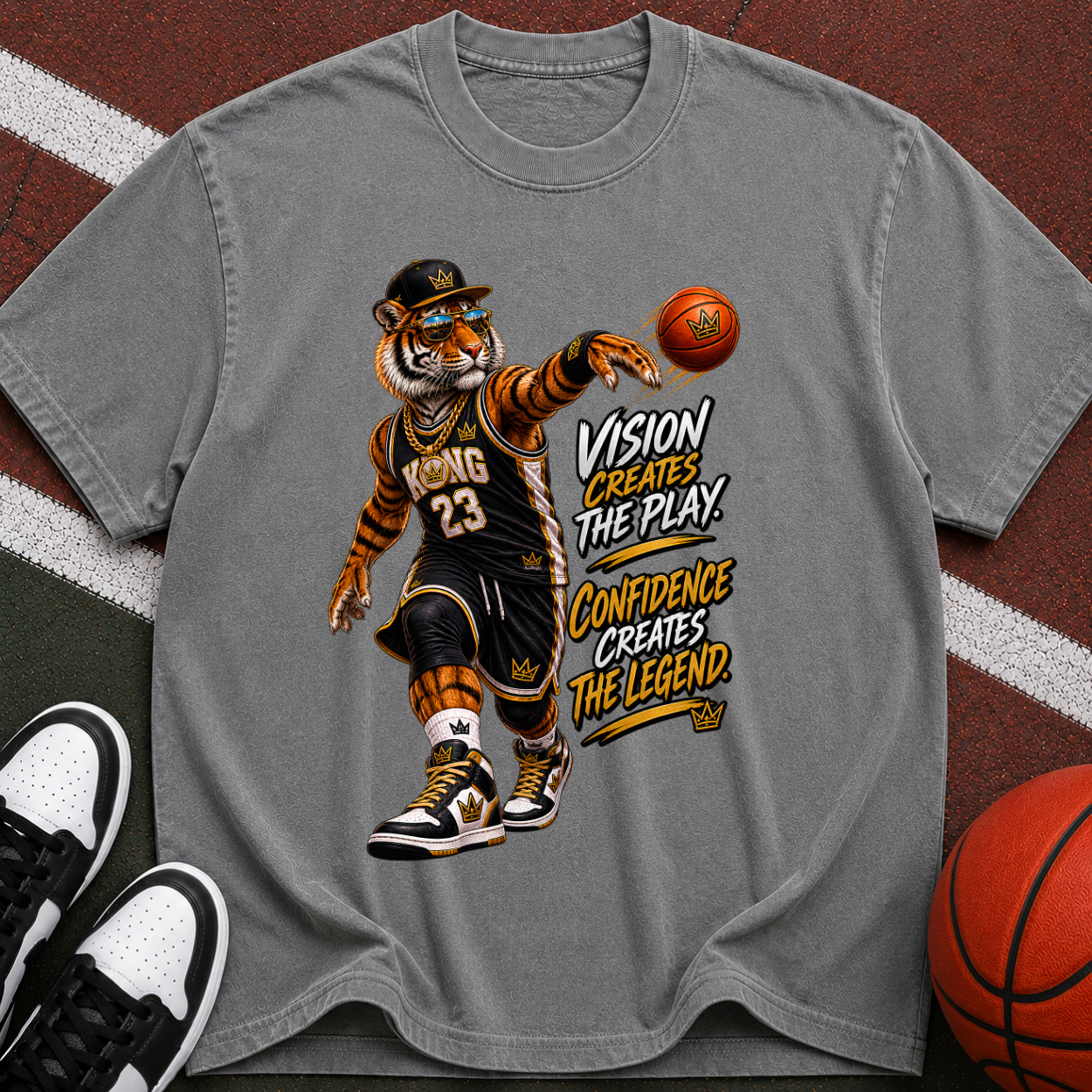 Basketball Tiger Graphic T-Shirt — "Passion Wins the Play" Vintage Streetwear