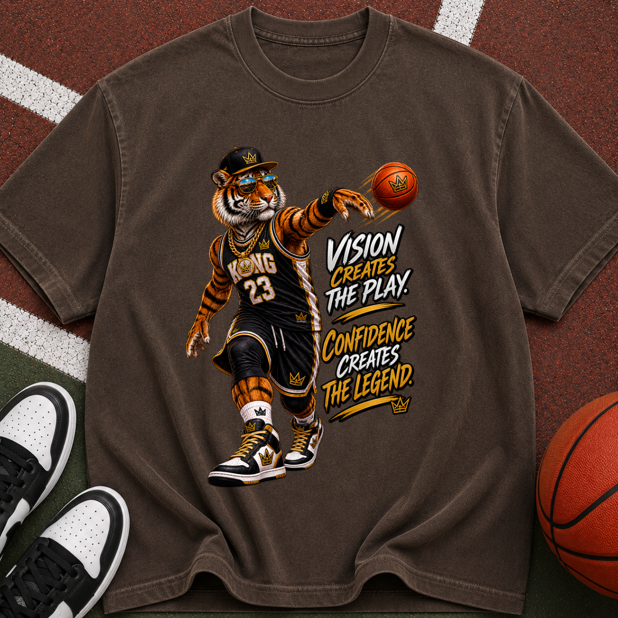 Basketball Tiger Graphic T-Shirt — "Passion Wins the Play" Vintage Streetwear