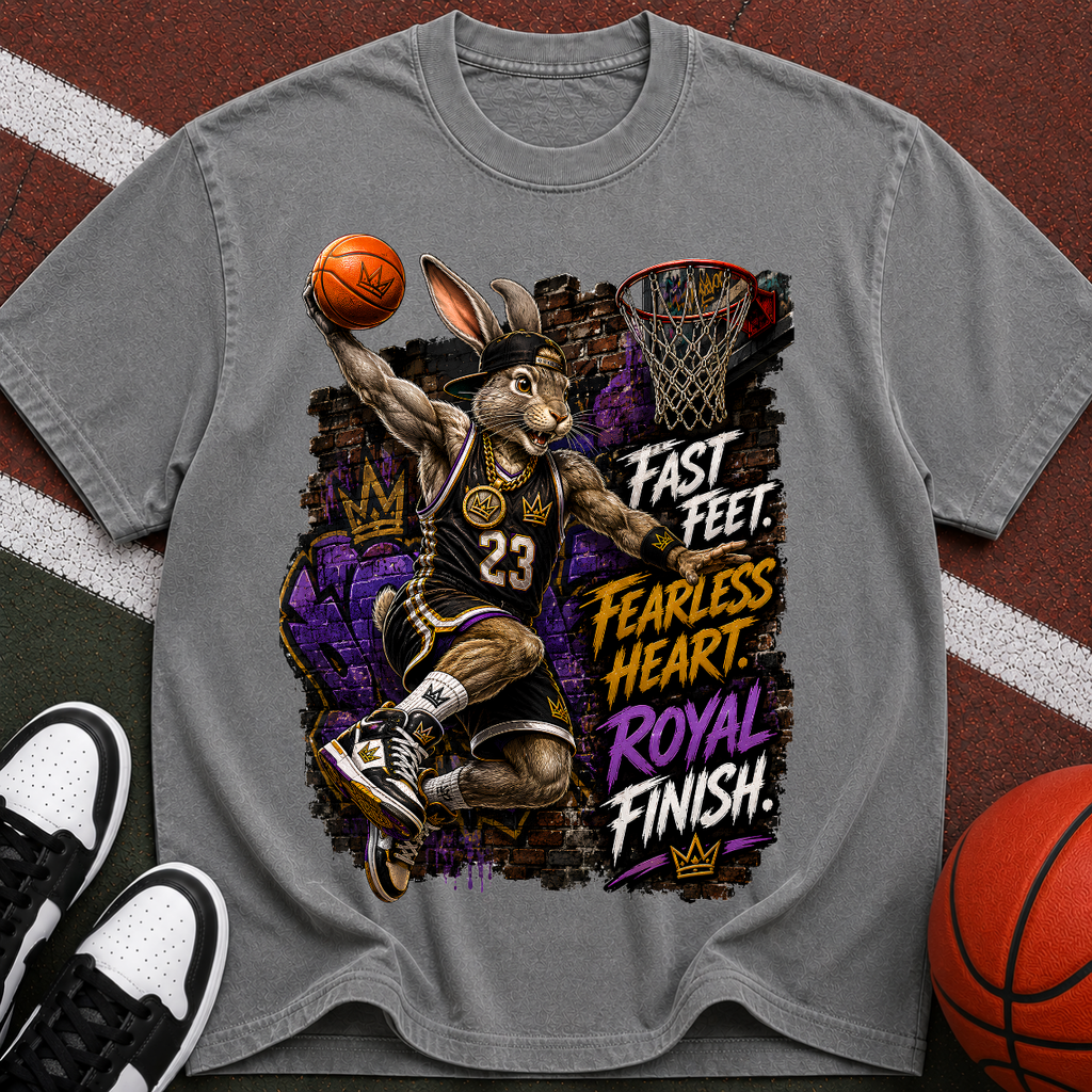 Basketball Rabbit Graphic Tee — "Fast Feet, Fearless Heart, Royal Finish"