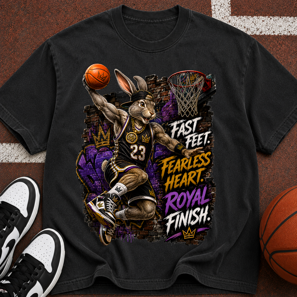 Basketball Rabbit Graphic Tee — "Fast Feet, Fearless Heart, Royal Finish"