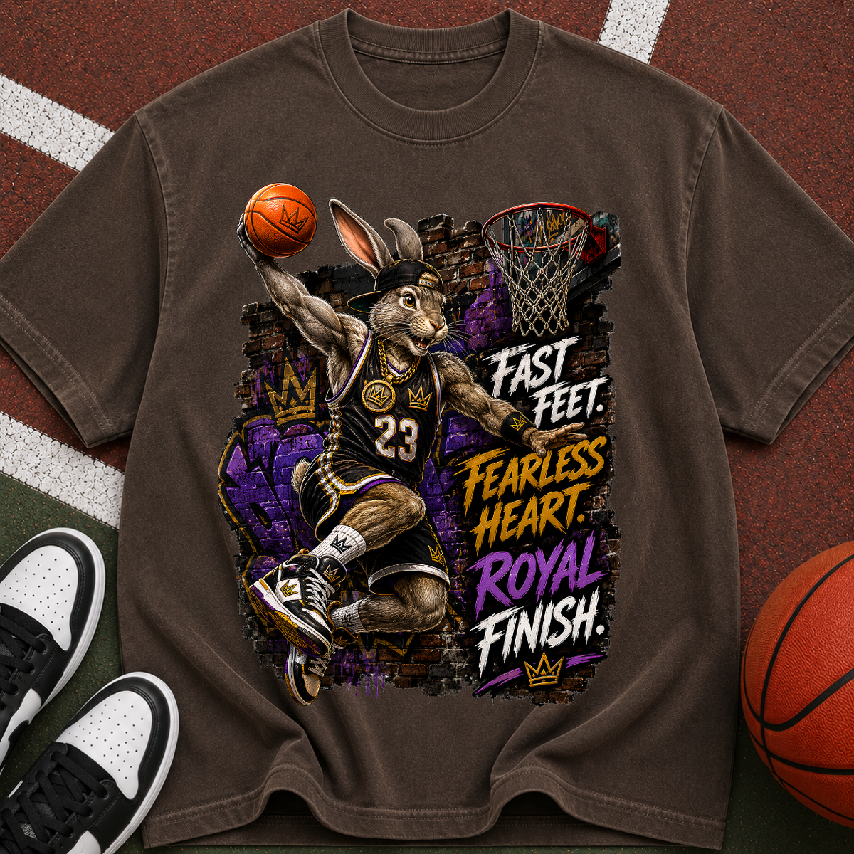 Basketball Rabbit Graphic Tee — "Fast Feet, Fearless Heart, Royal Finish"