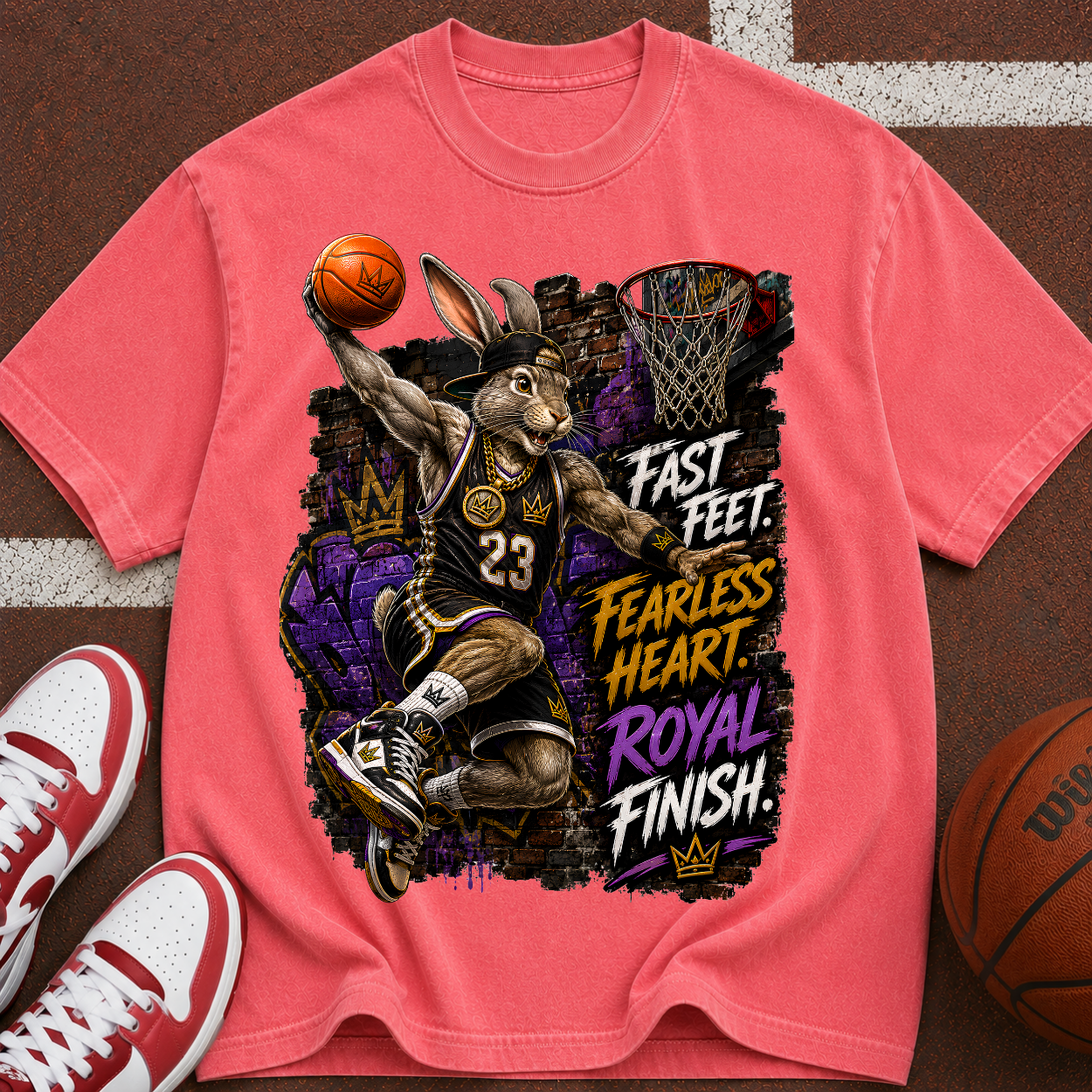 Basketball Rabbit Graphic Tee — "Fast Feet, Fearless Heart, Royal Finish"