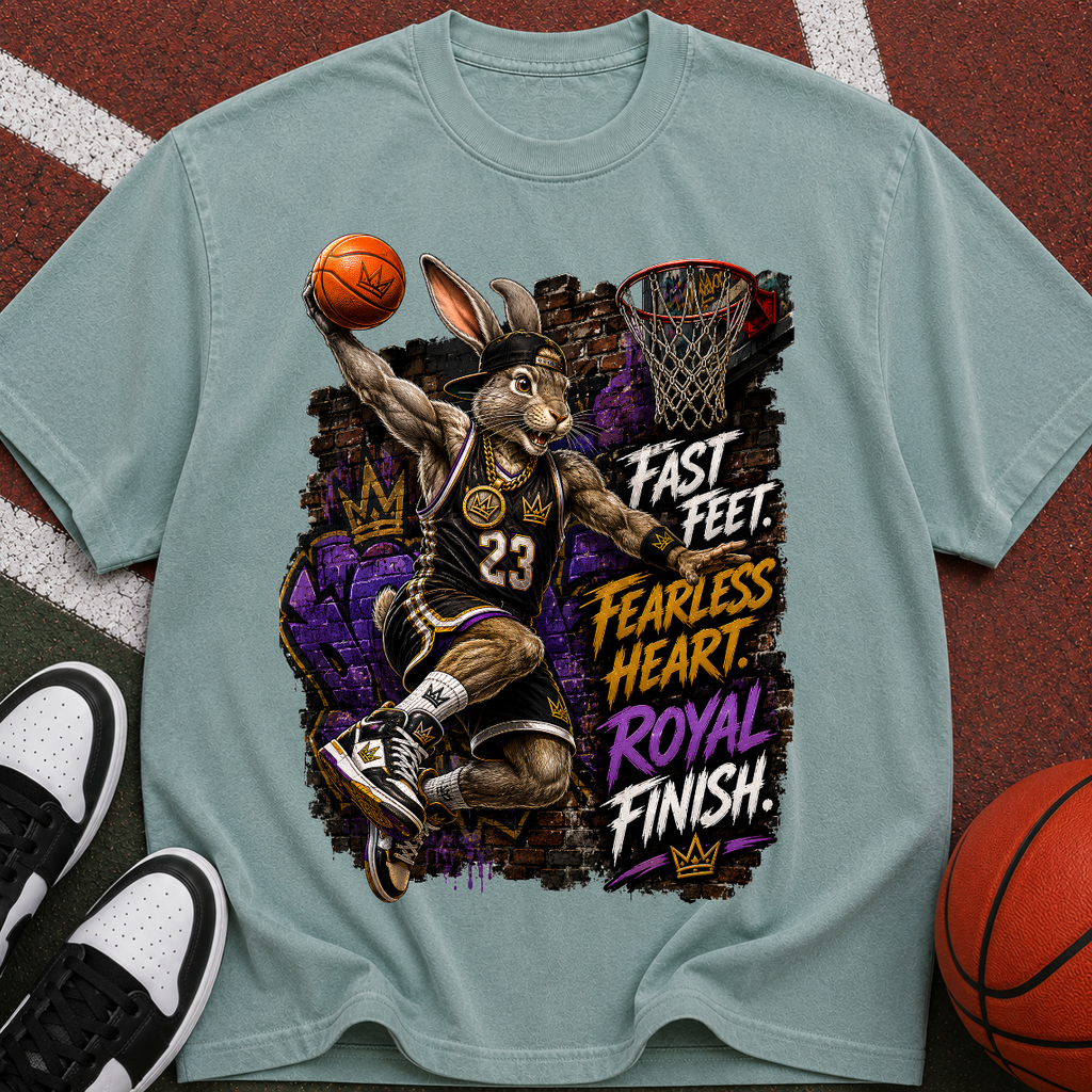 Basketball Rabbit Graphic Tee — "Fast Feet, Fearless Heart, Royal Finish"