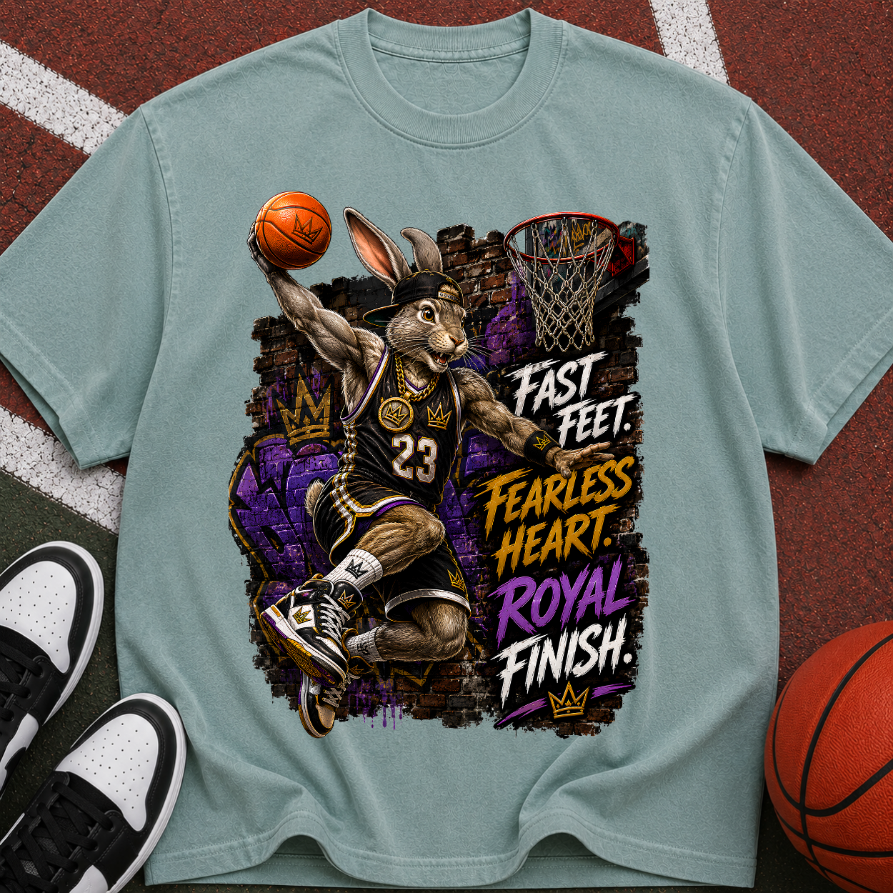 Basketball Rabbit Graphic Tee — "Fast Feet, Fearless Heart, Royal Finish"
