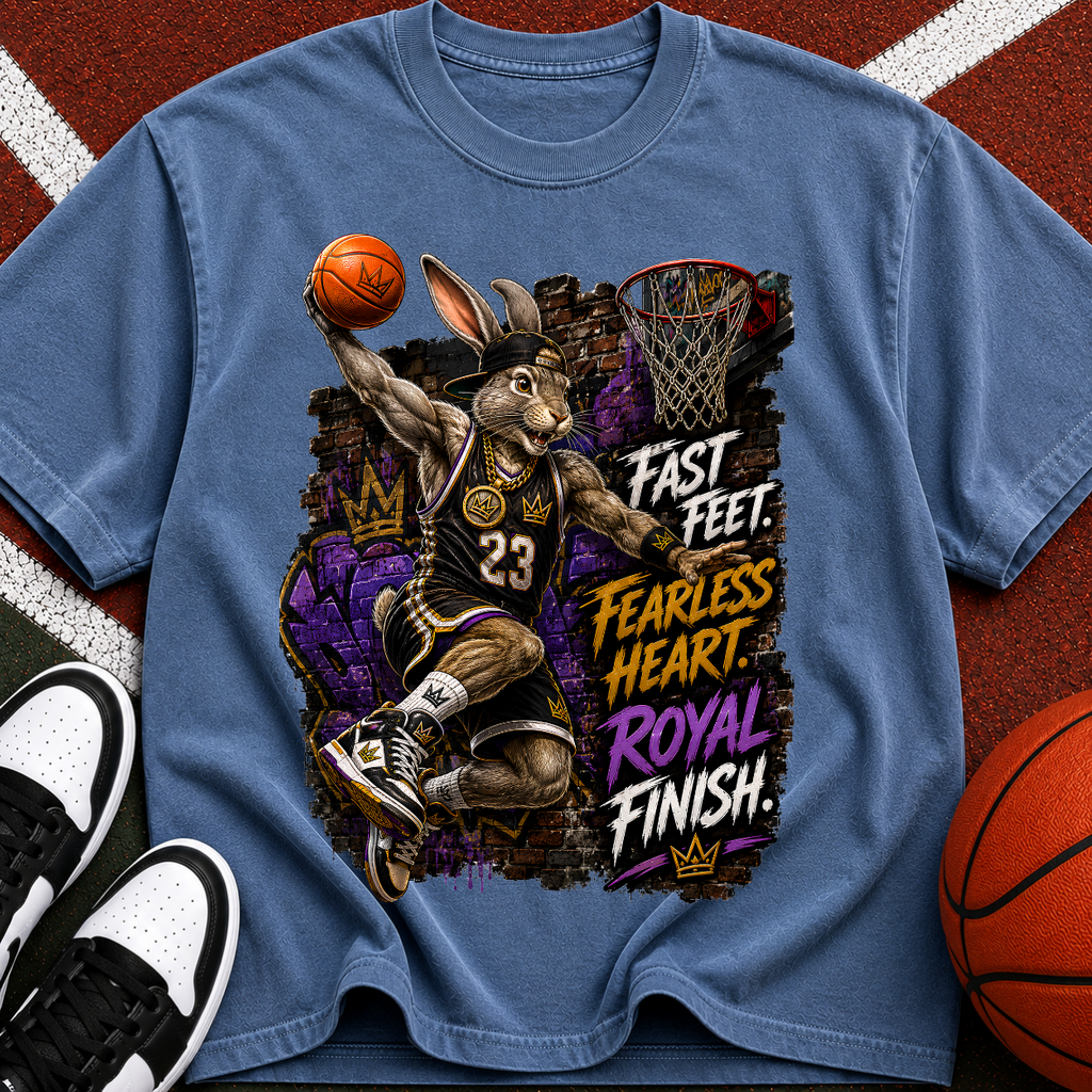Basketball Rabbit Graphic Tee — "Fast Feet, Fearless Heart, Royal Finish"