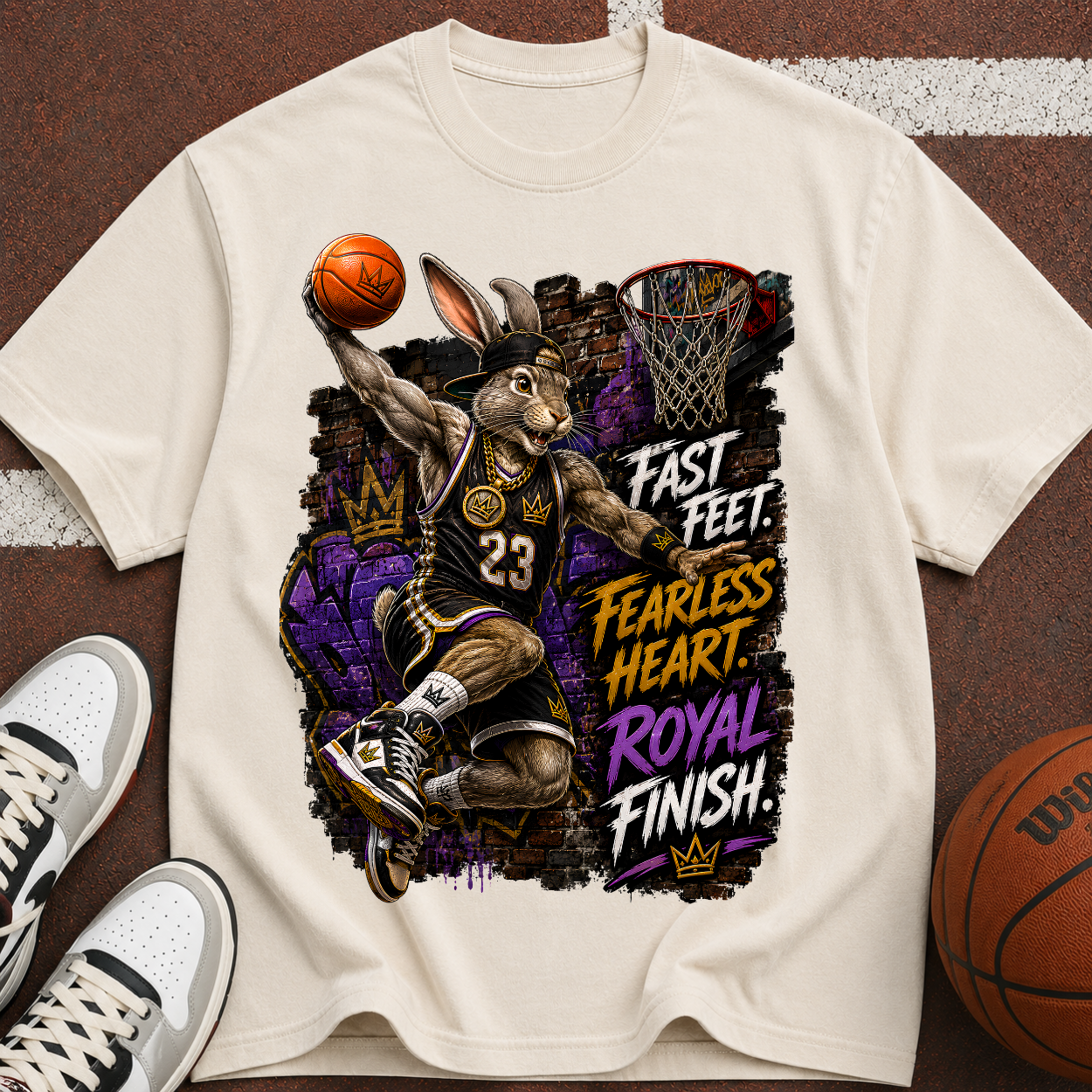 Basketball Rabbit Graphic Tee — "Fast Feet, Fearless Heart, Royal Finish"
