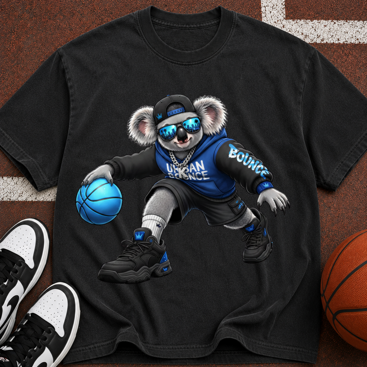 Basketball Koala T‑Shirt — Cool Streetwear Tee with Sunglasses & Blue Ball
