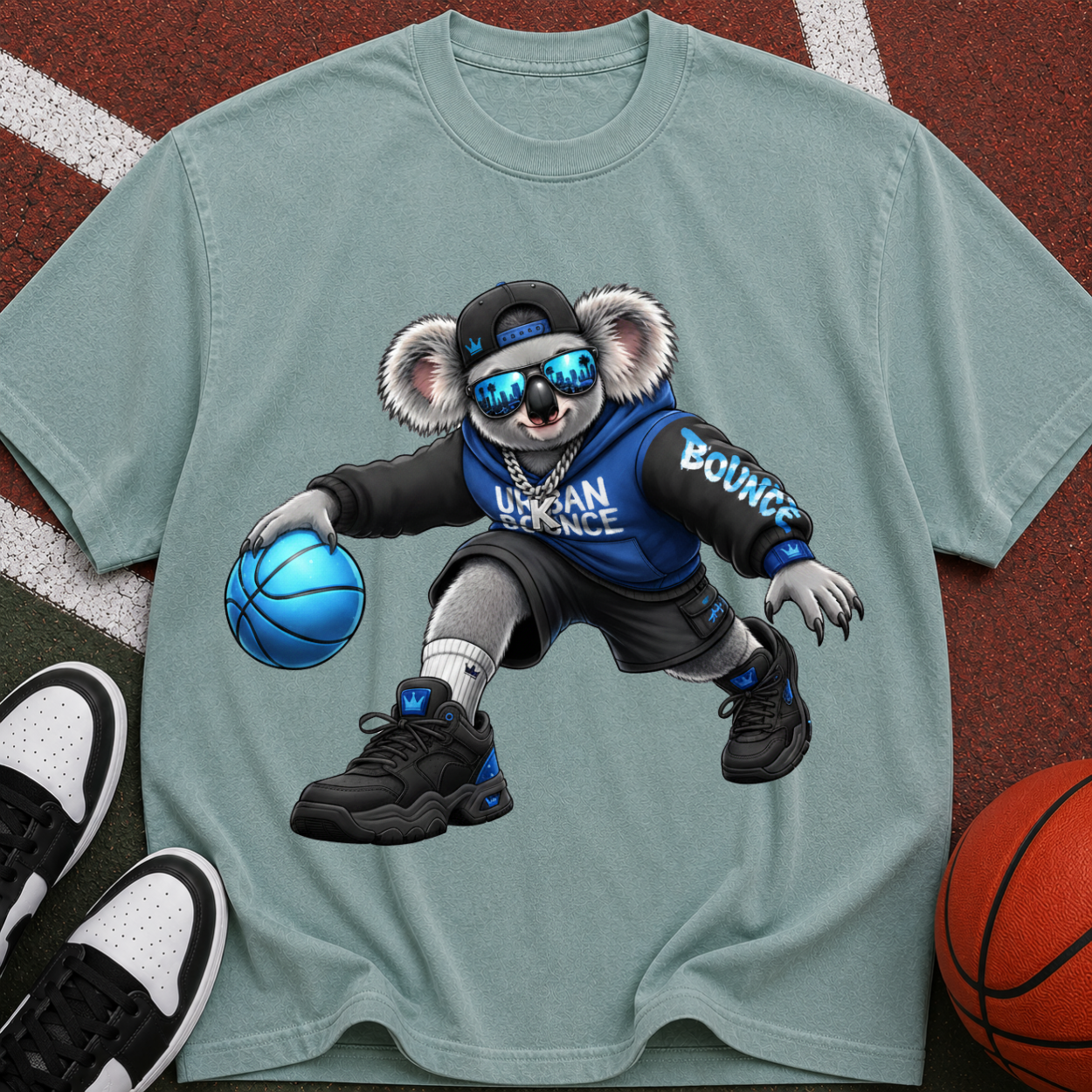 Basketball Koala T‑Shirt — Cool Streetwear Tee with Sunglasses & Blue Ball
