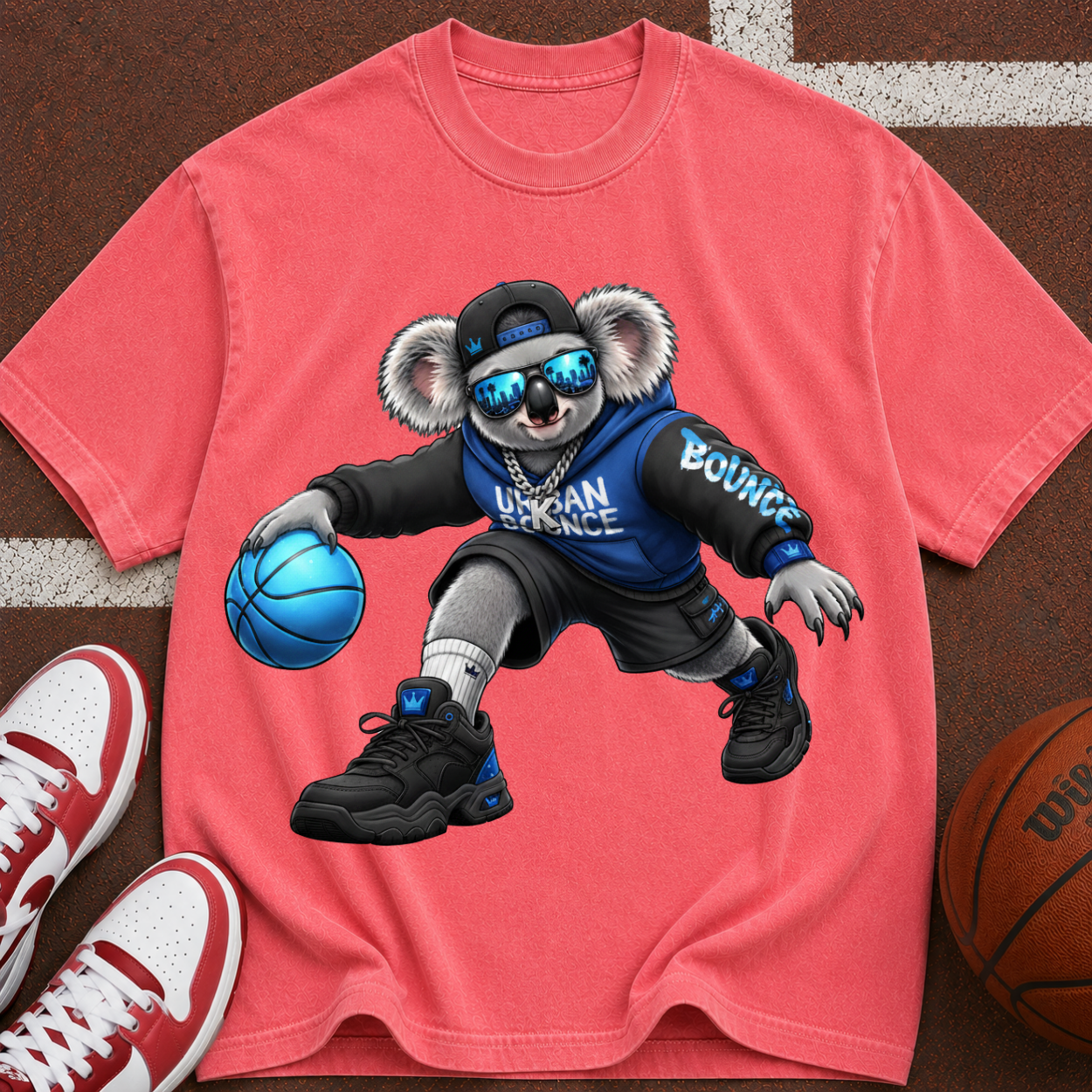 Basketball Koala T‑Shirt — Cool Streetwear Tee with Sunglasses & Blue Ball