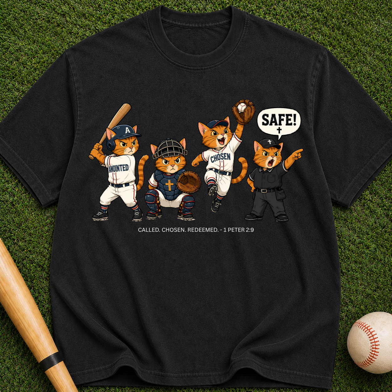 Baseball Mascot T-Shirt — Cute Team Cats 'SAFE!' Graphic