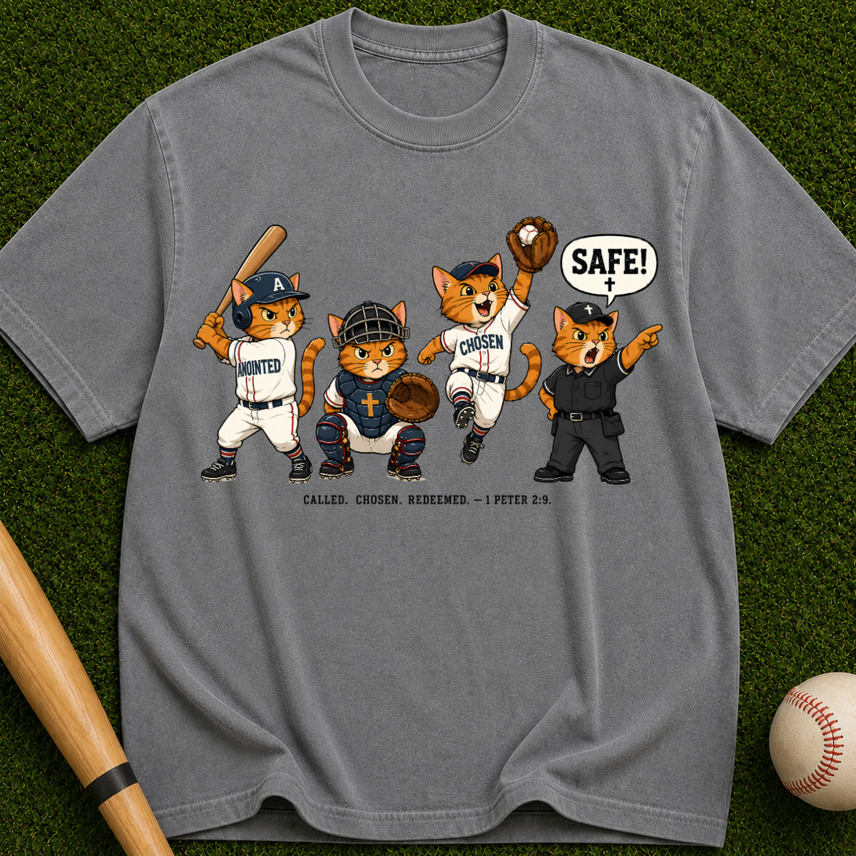 Baseball Mascot T-Shirt — Cute Team Cats 'SAFE!' Graphic