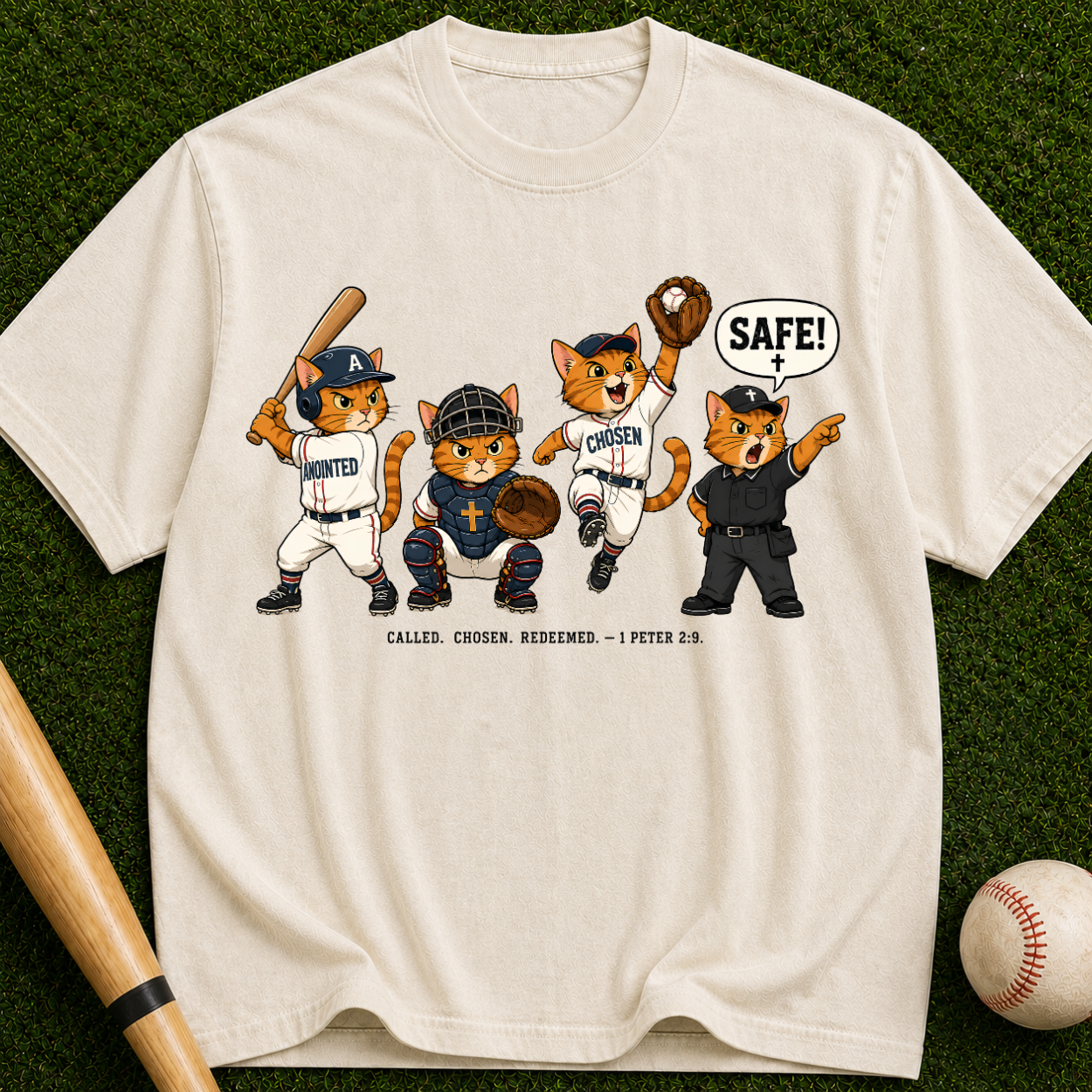 Baseball Mascot T-Shirt — Cute Team Cats 'SAFE!' Graphic
