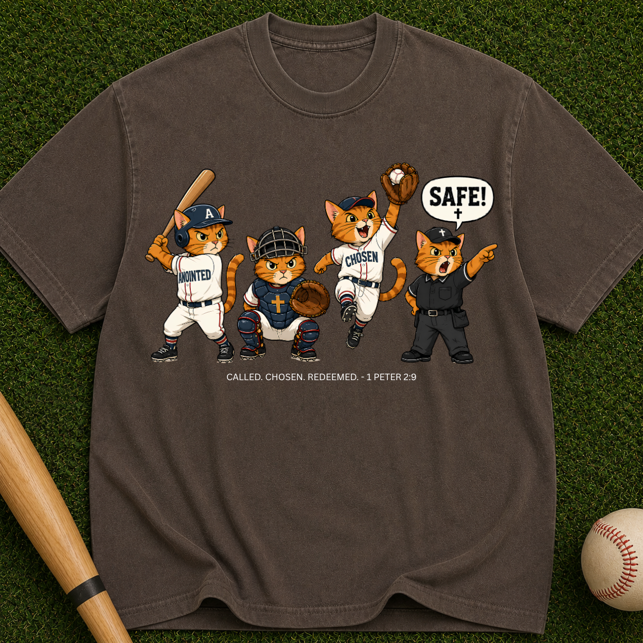 Baseball Mascot T-Shirt — Cute Team Cats 'SAFE!' Graphic