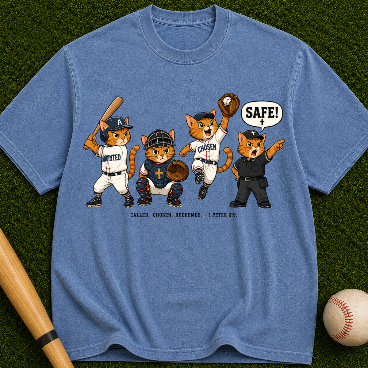 Baseball Mascot T-Shirt — Cute Team Cats 'SAFE!' Graphic