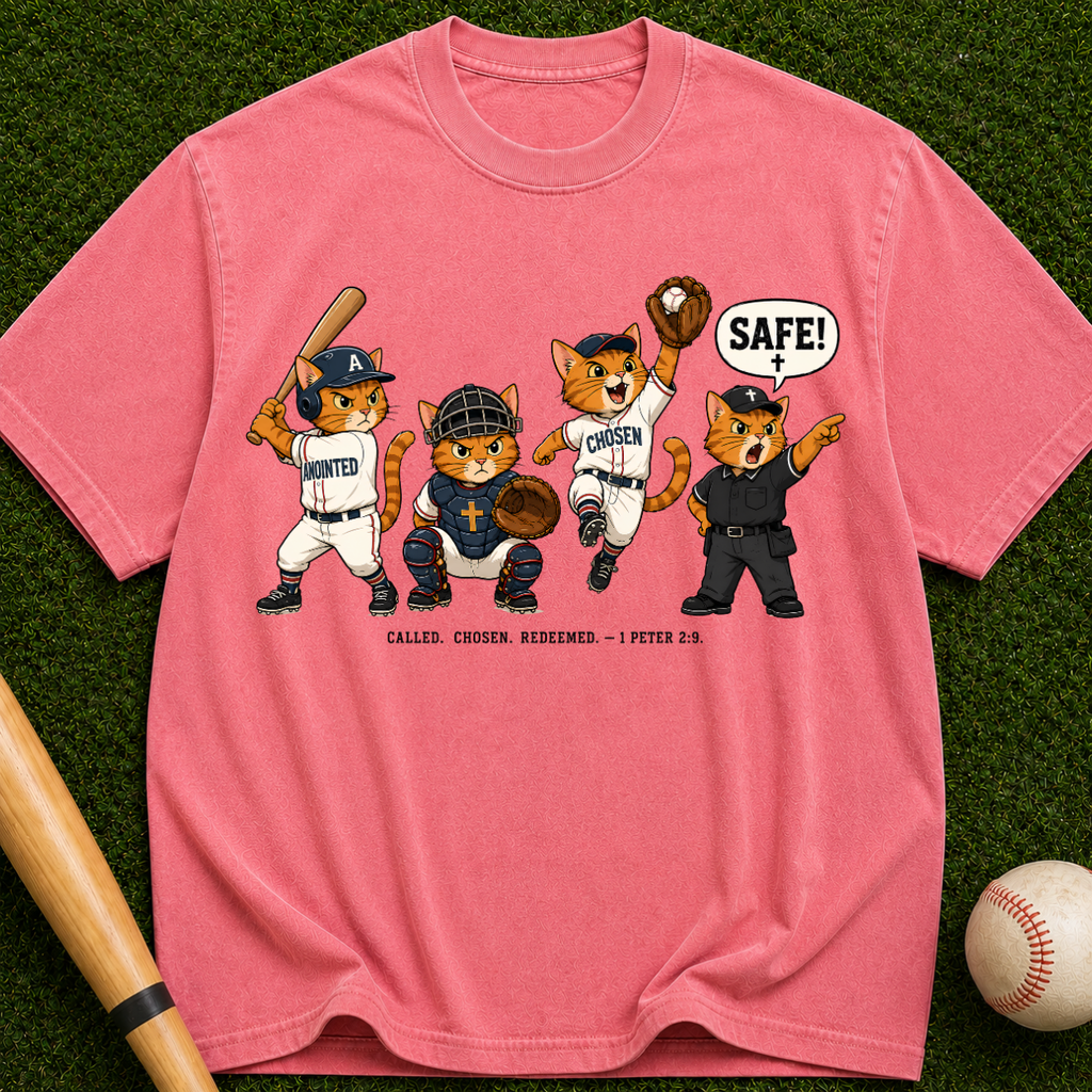 Baseball Mascot T-Shirt — Cute Team Cats 'SAFE!' Graphic