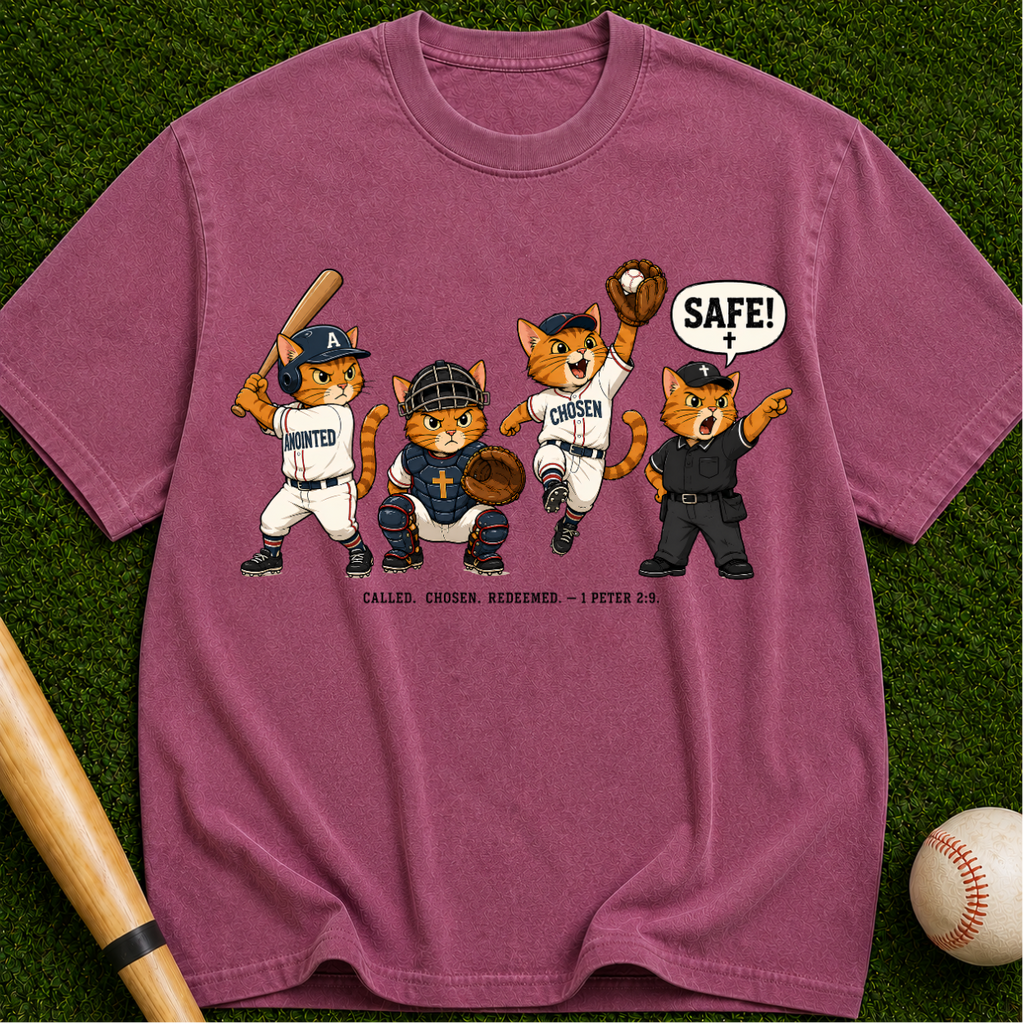 Baseball Mascot T-Shirt — Cute Team Cats 'SAFE!' Graphic