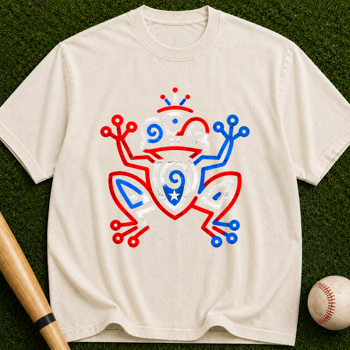 Frog Totem Graphic T-Shirt — Red & Blue Abstract Amphibian Design