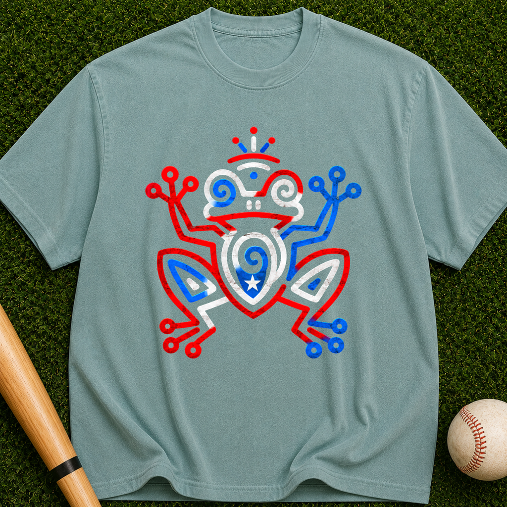 Frog Totem Graphic T-Shirt — Red & Blue Abstract Amphibian Design