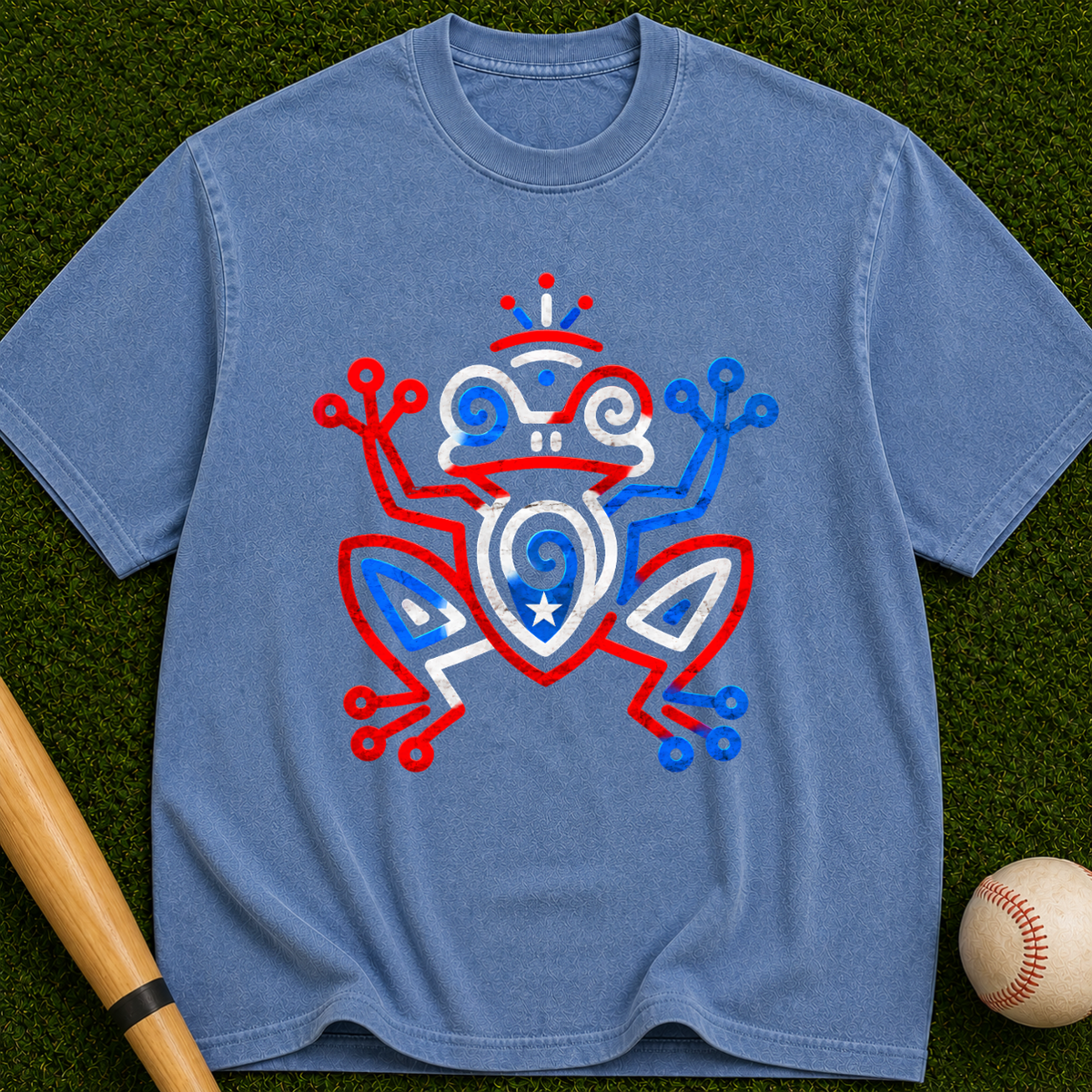 Frog Totem Graphic T-Shirt — Red & Blue Abstract Amphibian Design