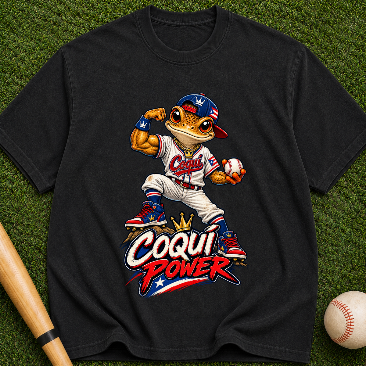 Coqui Power Baseball T-Shirt — Cute Frog Mascot Graphic Tee