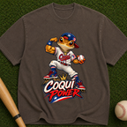 Coqui Power Baseball T-Shirt — Cute Frog Mascot Graphic Tee