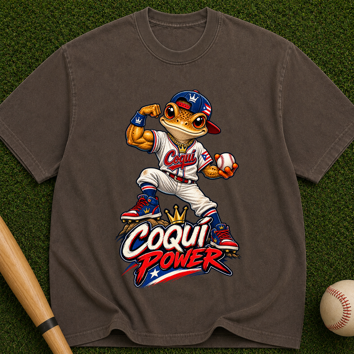 Coqui Power Baseball T-Shirt — Cute Frog Mascot Graphic Tee