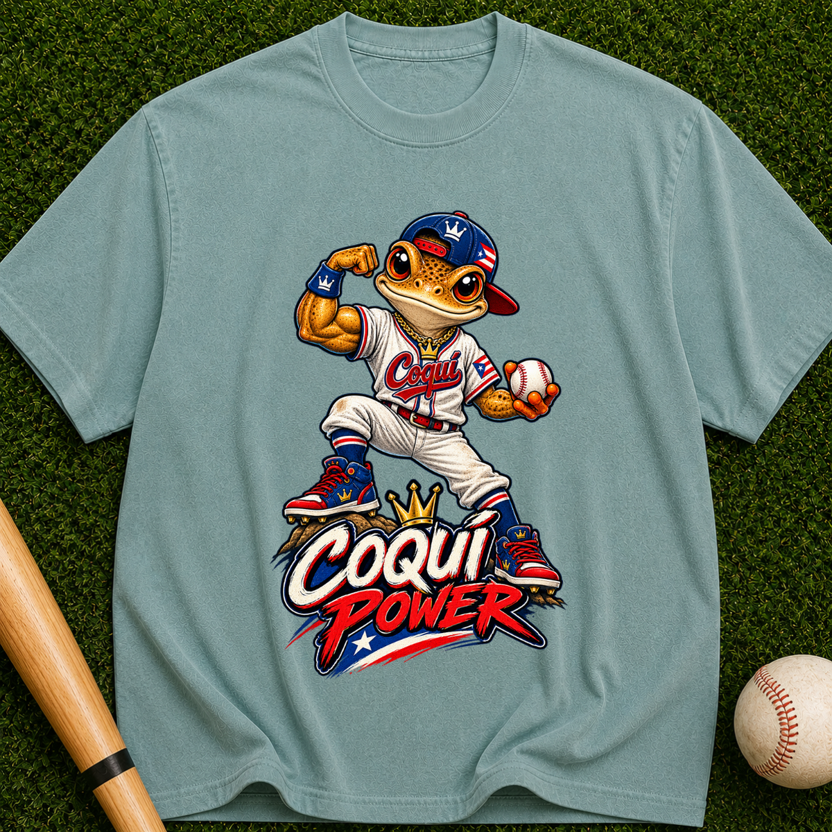 Coqui Power Baseball T-Shirt — Cute Frog Mascot Graphic Tee