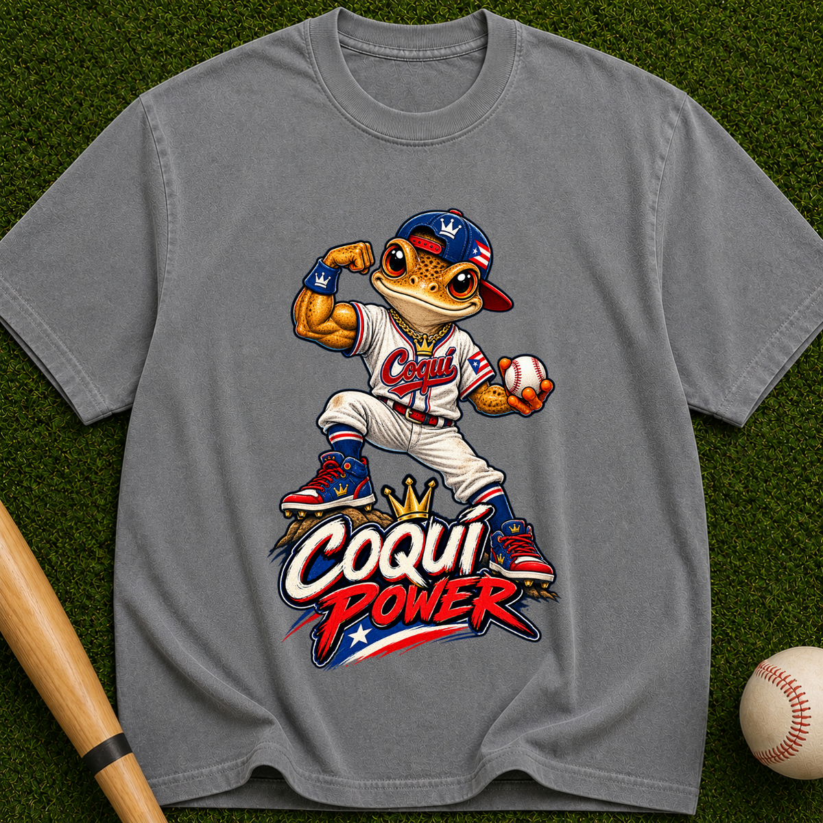 Coqui Power Baseball T-Shirt — Cute Frog Mascot Graphic Tee
