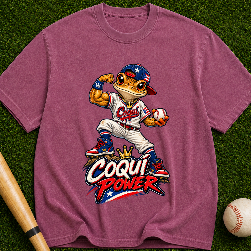 Coqui Power Baseball T-Shirt — Cute Frog Mascot Graphic Tee