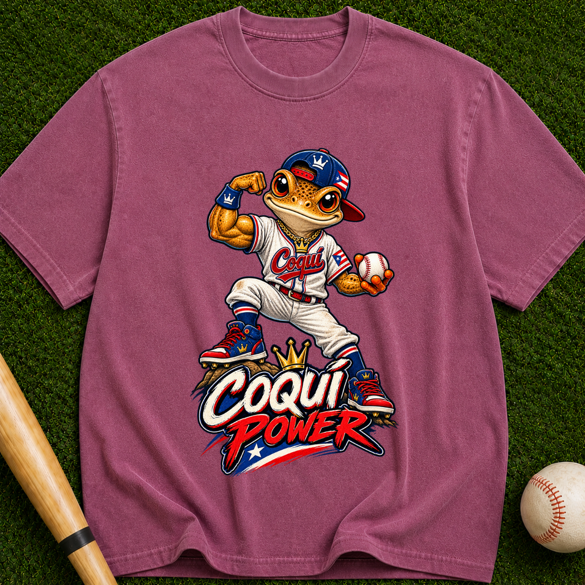 Coqui Power Baseball T-Shirt — Cute Frog Mascot Graphic Tee