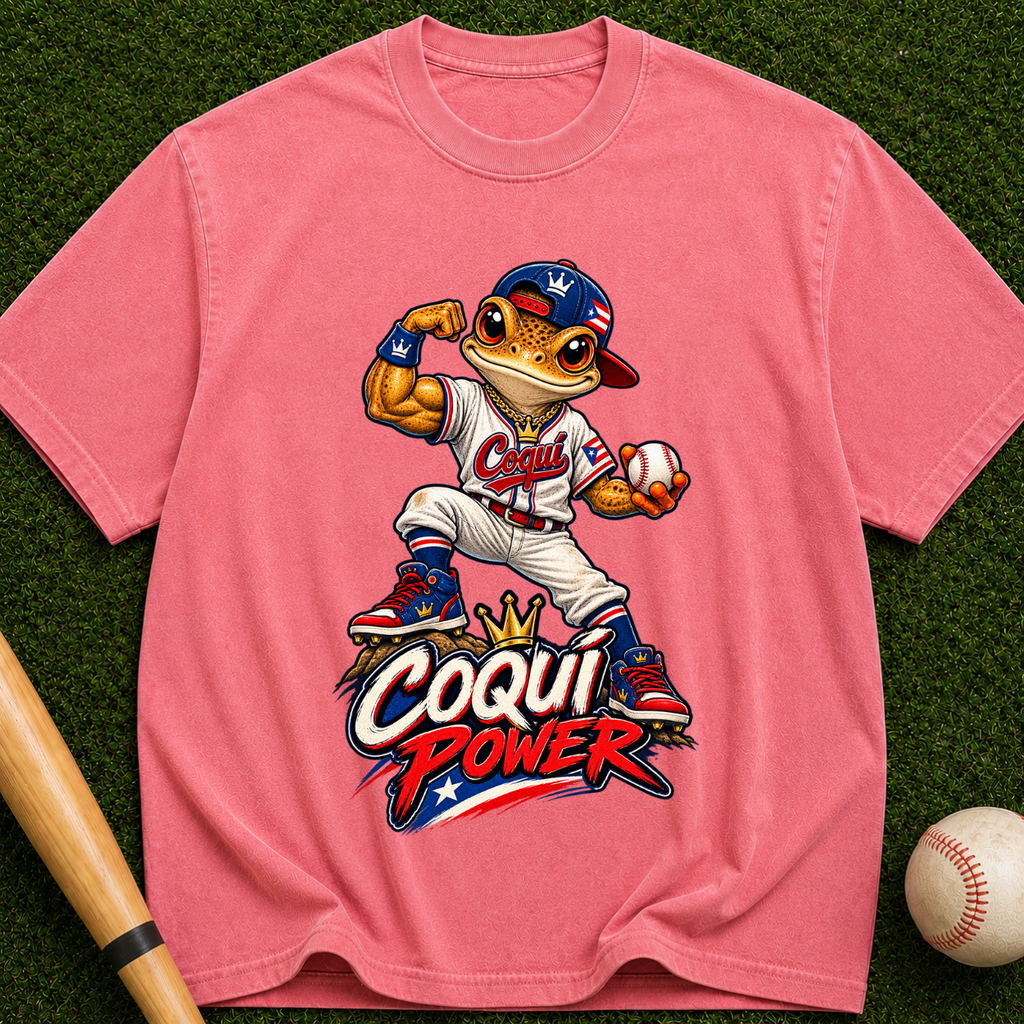 Coqui Power Baseball T-Shirt — Cute Frog Mascot Graphic Tee