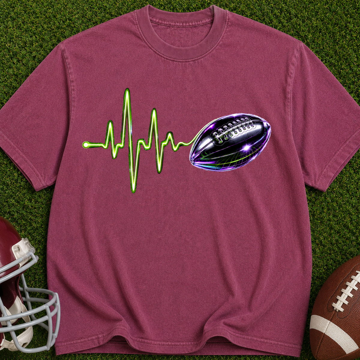 Football Heartbeat T-Shirt — Neon Pulse Gridiron Graphic