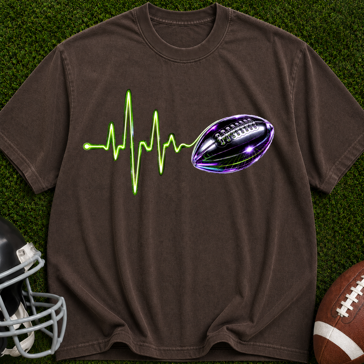 Football Heartbeat T-Shirt — Neon Pulse Gridiron Graphic