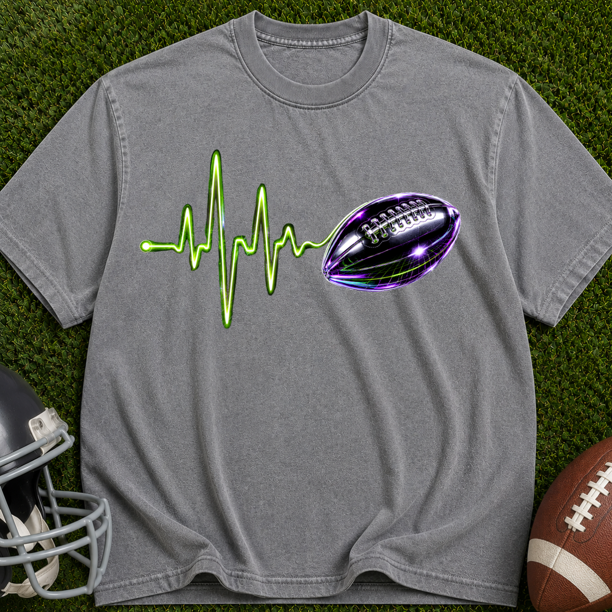 Football Heartbeat T-Shirt — Neon Pulse Gridiron Graphic