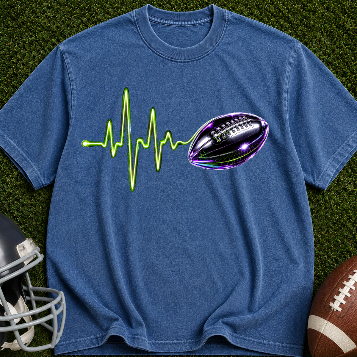 Football Heartbeat T-Shirt — Neon Pulse Gridiron Graphic