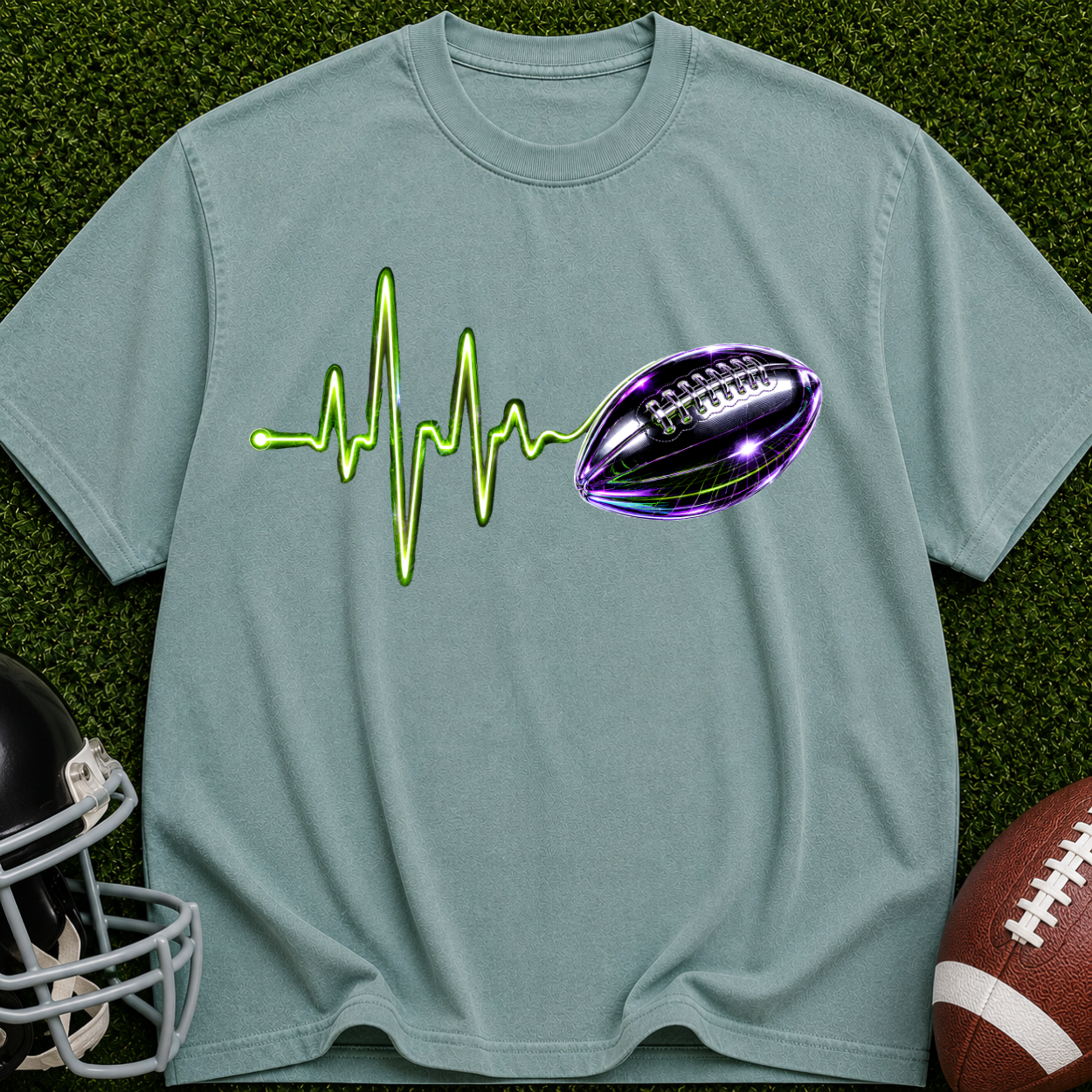 Football Heartbeat T-Shirt — Neon Pulse Gridiron Graphic