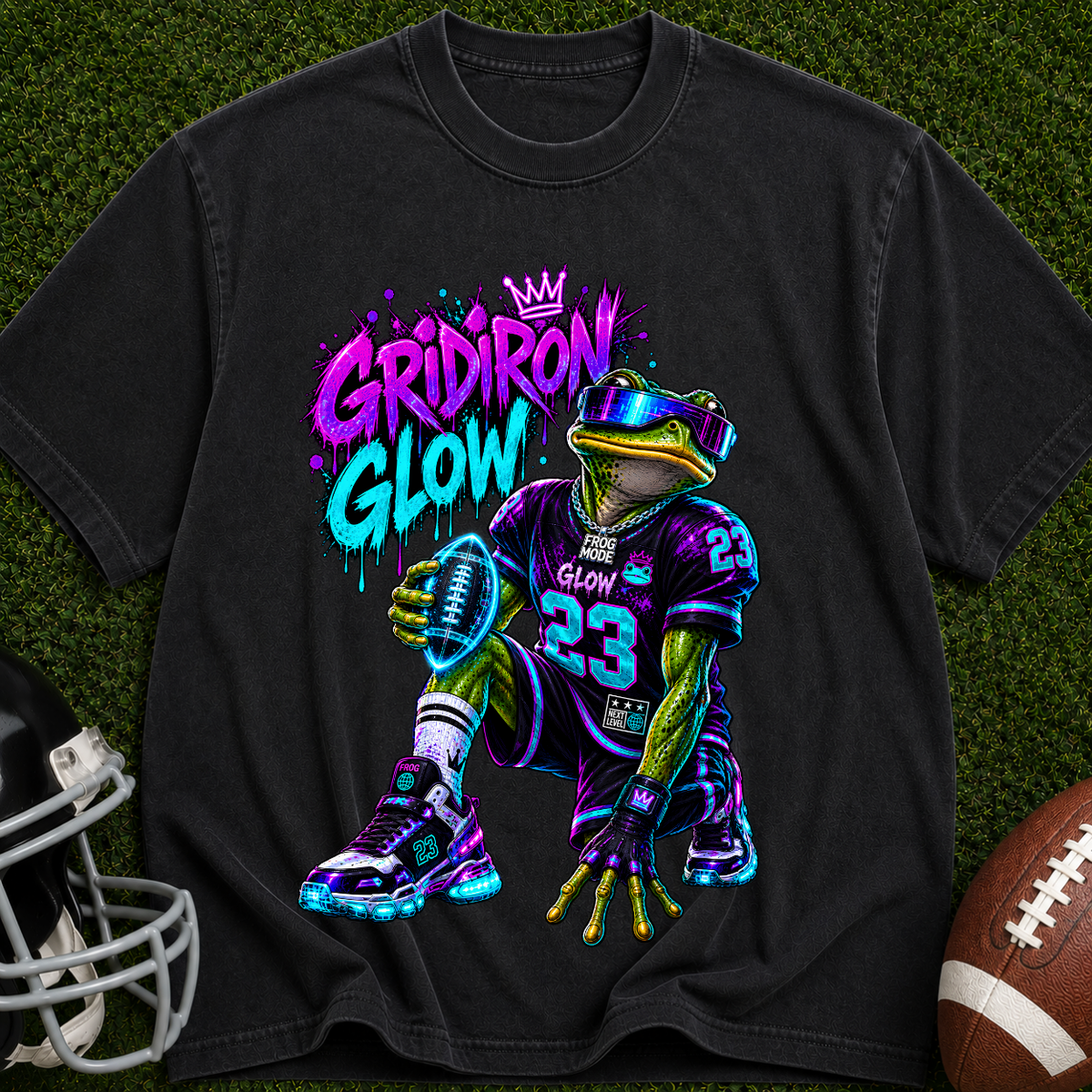 Gridiron Glow Football T-Shirt — Neon Frog Quarterback Graphic Tee