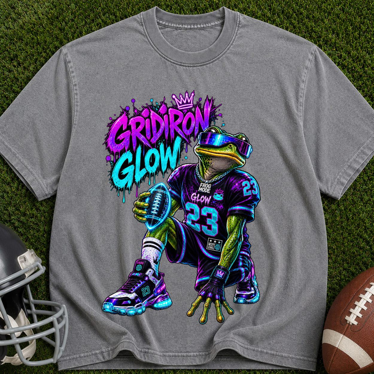 Gridiron Glow Football T-Shirt — Neon Frog Quarterback Graphic Tee