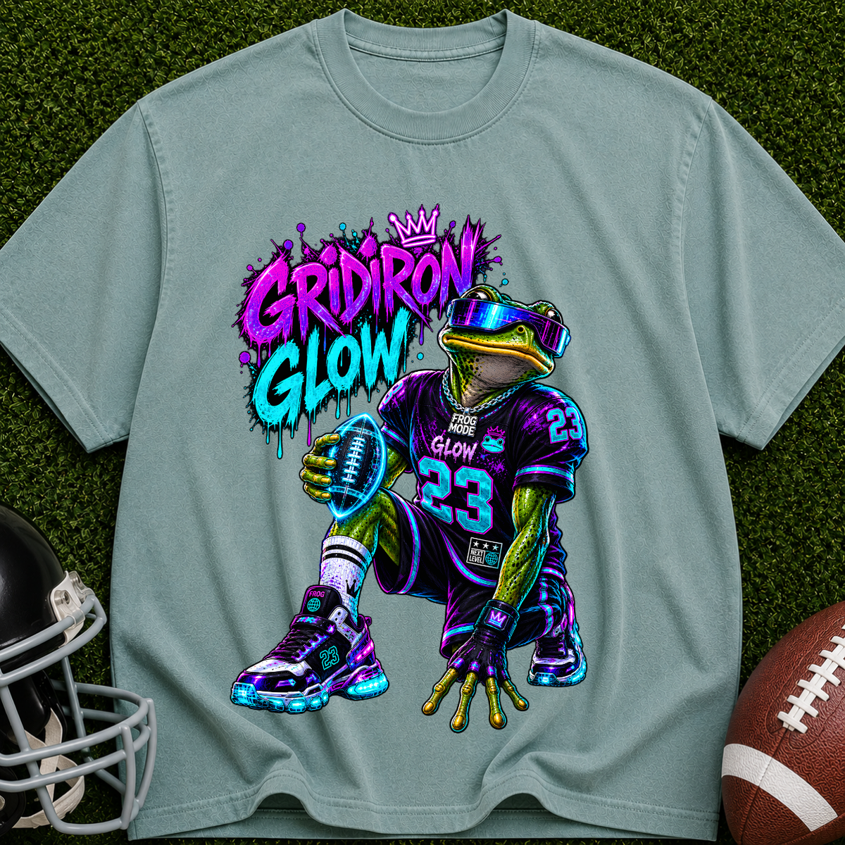 Gridiron Glow Football T-Shirt — Neon Frog Quarterback Graphic Tee