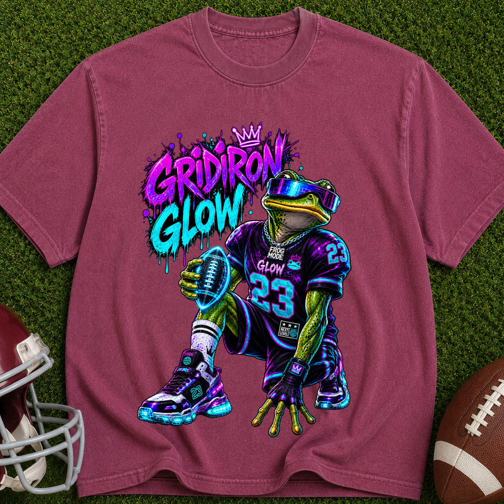 Gridiron Glow Football T-Shirt — Neon Frog Quarterback Graphic Tee