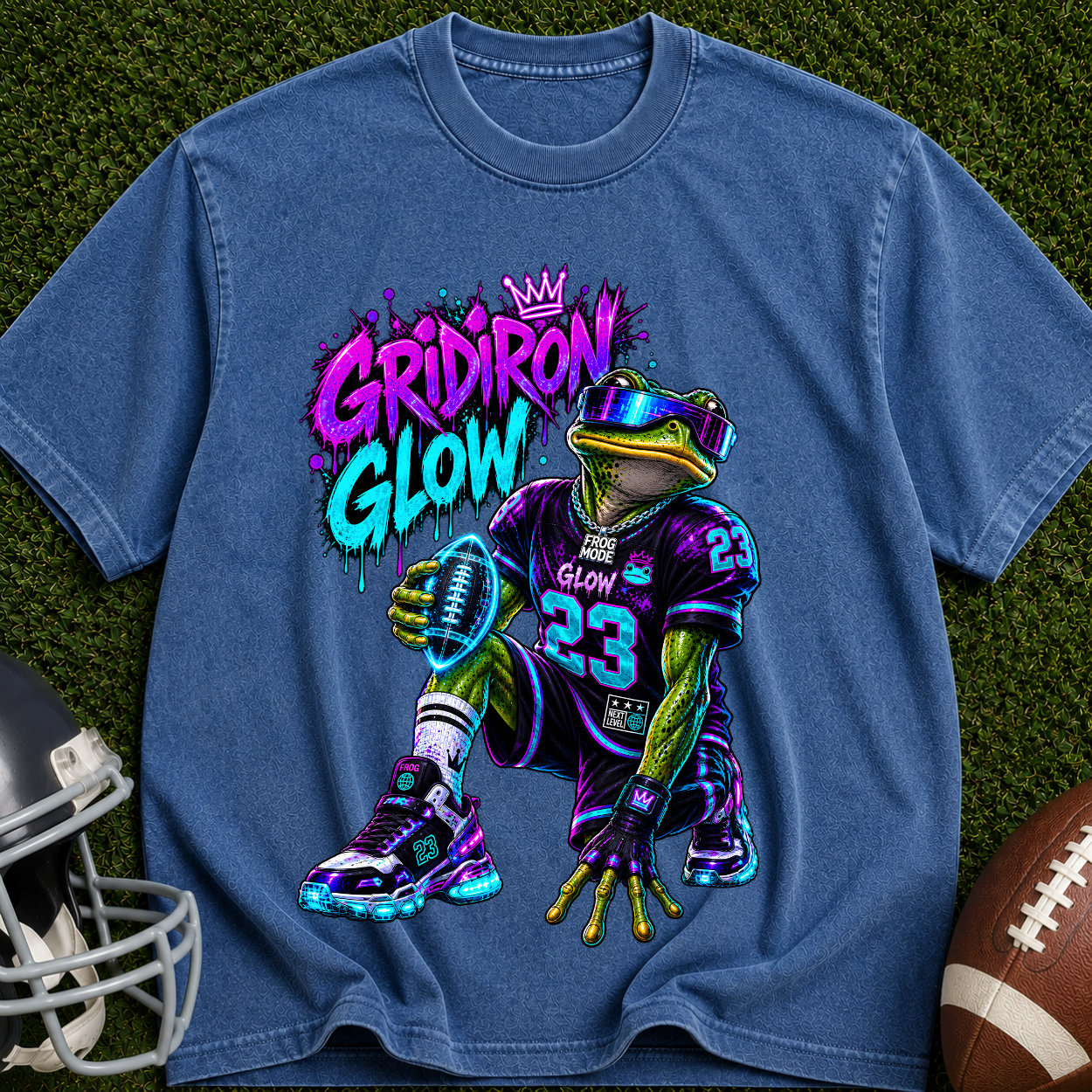 Gridiron Glow Football T-Shirt — Neon Frog Quarterback Graphic Tee
