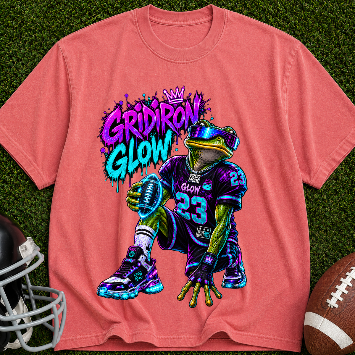 Gridiron Glow Football T-Shirt — Neon Frog Quarterback Graphic Tee