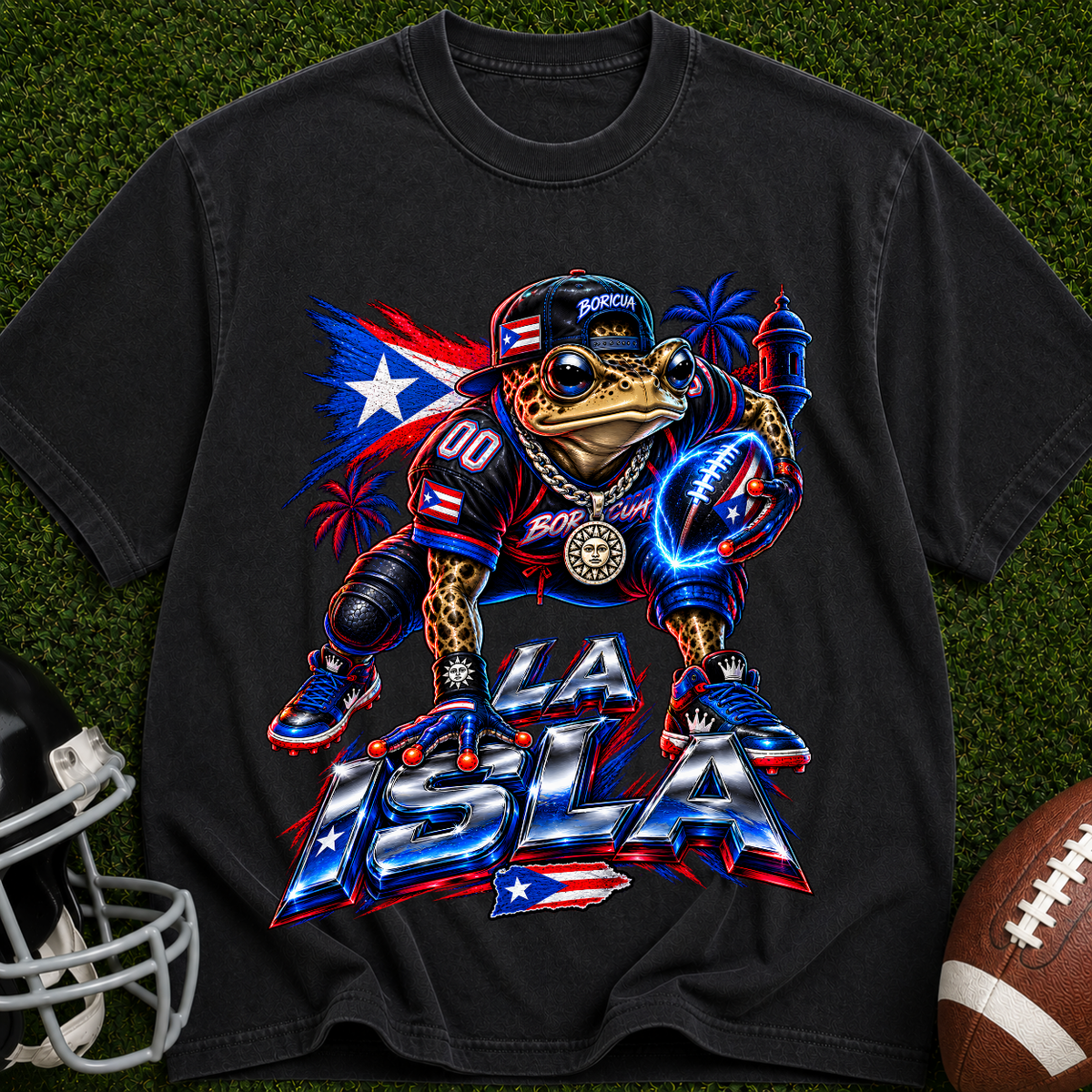 Puerto Rican Football Frog Graphic T-Shirt — 'Pa' lante' Retro Sports Tee