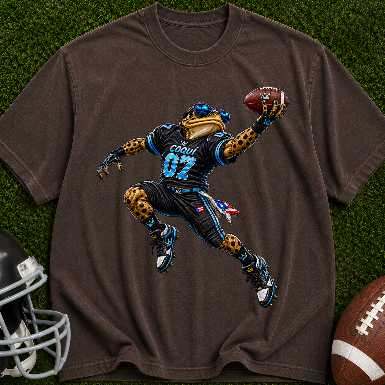 Football Frog Graphic T-Shirt — Athletic Mascot Jersey Design