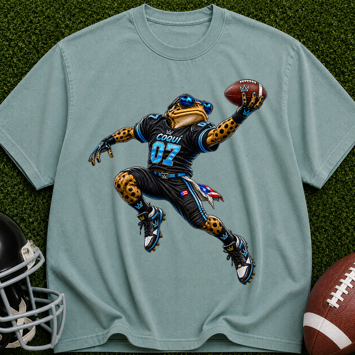 Football Frog Graphic T-Shirt — Athletic Mascot Jersey Design