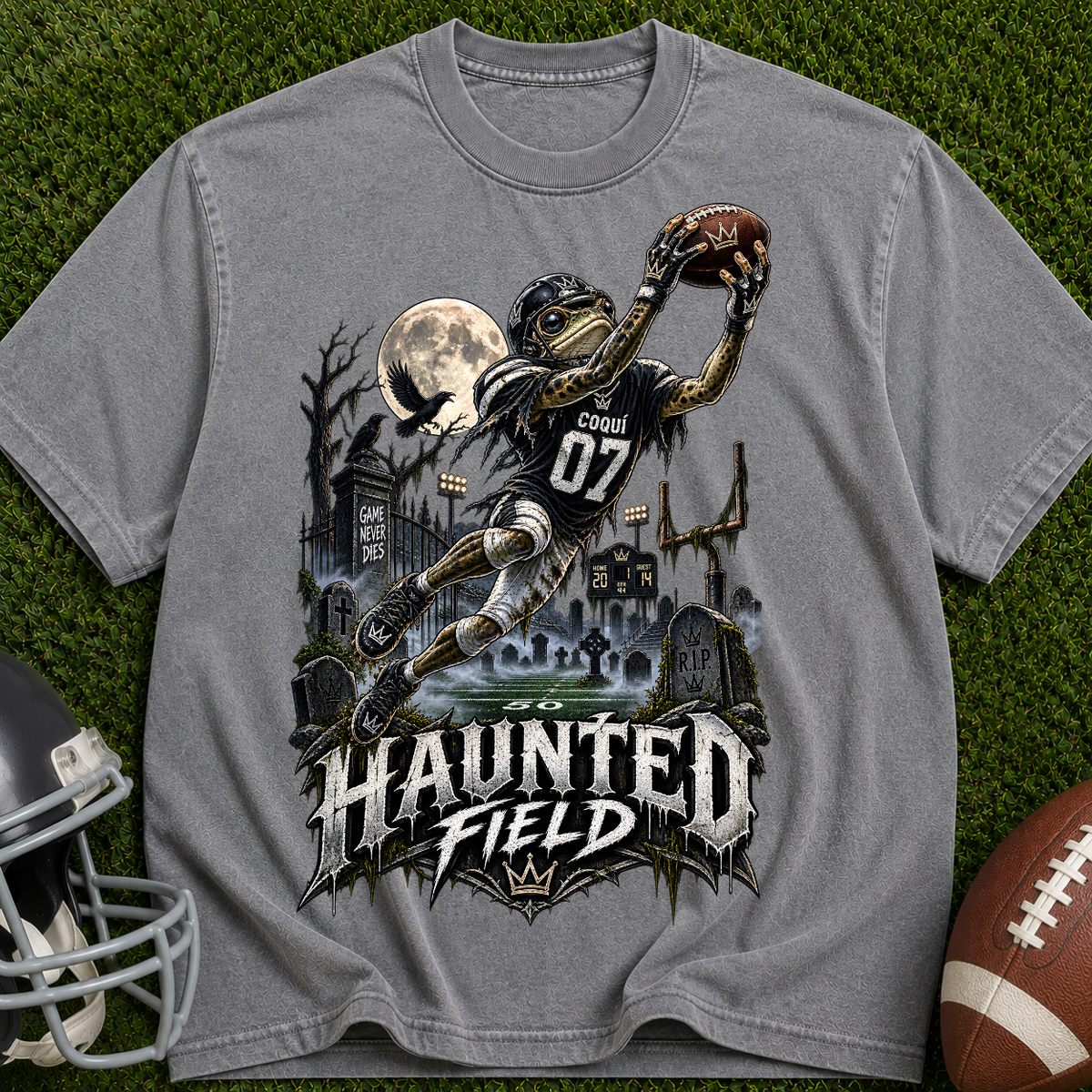 Haunted Field Football T-Shirt – Spooky Halloween Sports Tee