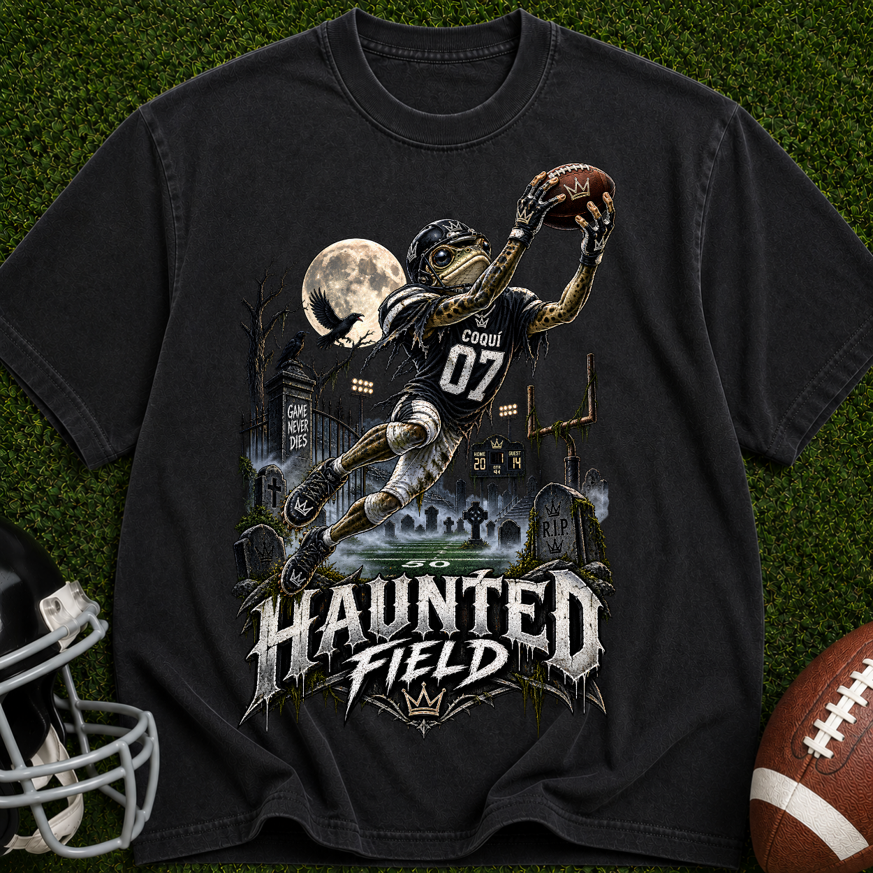 Haunted Field Football T-Shirt – Spooky Halloween Sports Tee